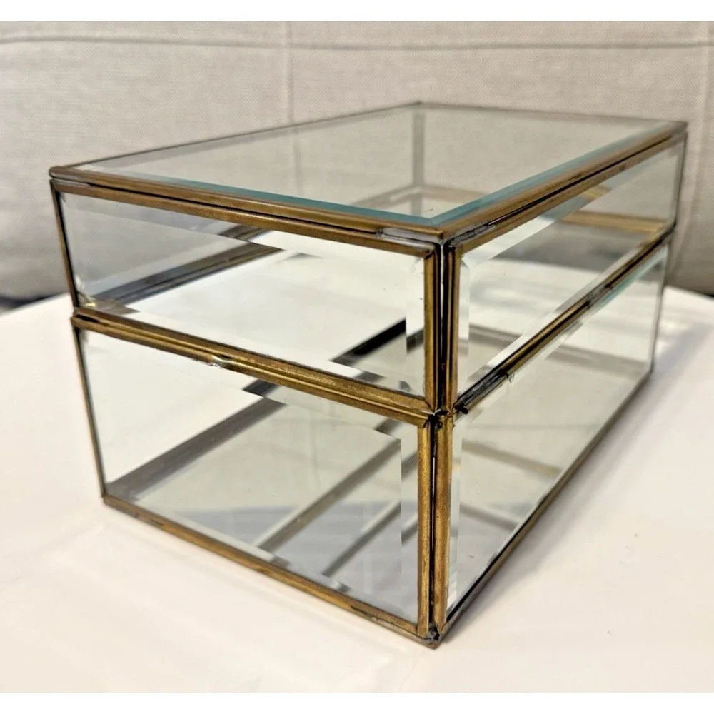 Vintage Enesco Glass Brass Large Curio Trinket Jewelry Box Display